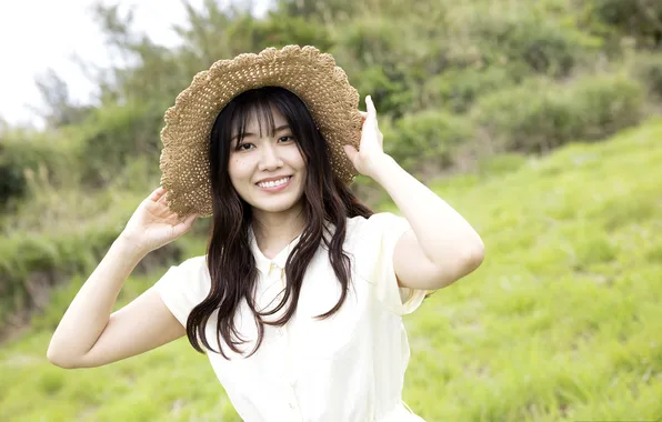 Grass, Beautiful, Asian, Model, Smile, Woman, Hat, Trees