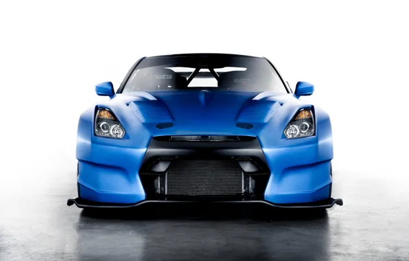 Синий, Nissan, GT-R, ниссан, blue, front, race car, обвес