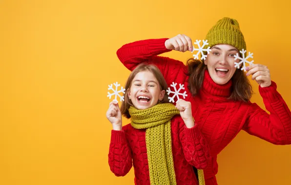 Зима, радость, снежинки, женщина, шарф, девочка, Новый год, Christmas