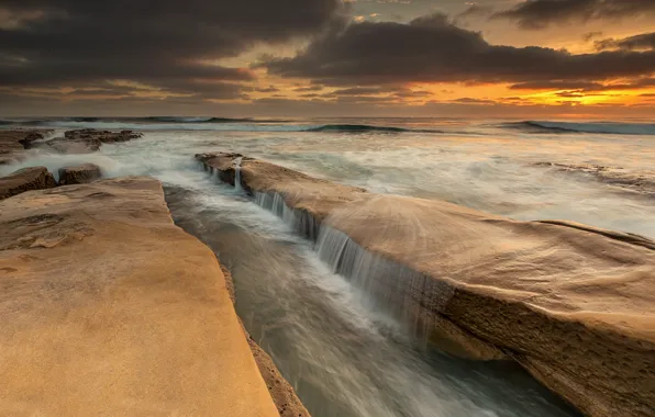 Море, облака, закат, Скалы, sea, sunset, clouds, rocks