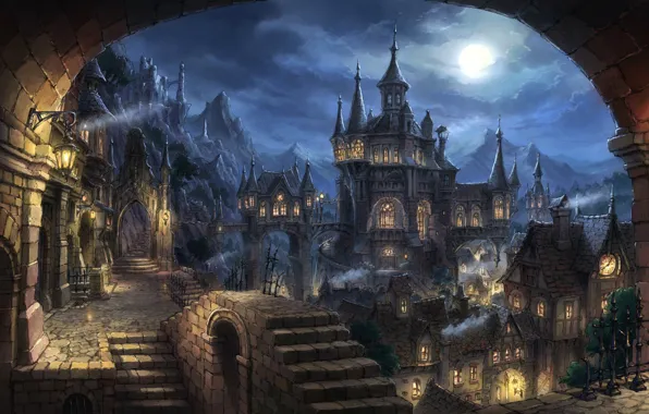 Картинка горы, ночь, замок, часы, крыши, фонари, лестница, арка