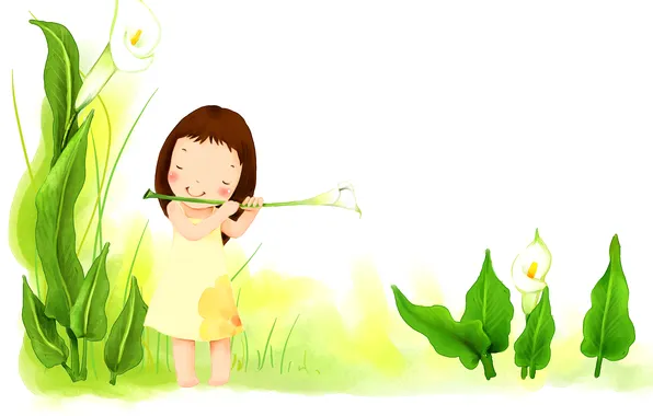 Картинка трава, листья, цветы, улыбка, платье, девочка, детские обои
