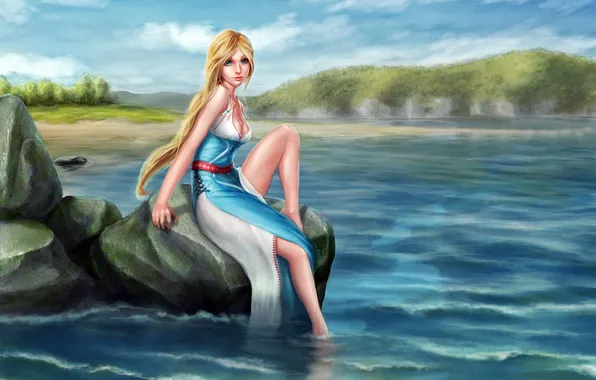 Girl, sky, dress, sea, clouds