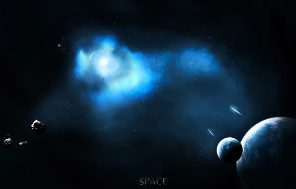 Картинка космос, осколки, планеты, метеорит, спутники