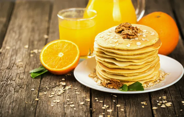 Картинка завтрак, сок, Orange, блины, wood, fruit, апельсиновый, Nuts