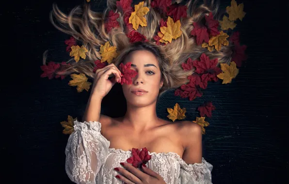 Картинка осень, листья, девушка, фон, настроение, волосы