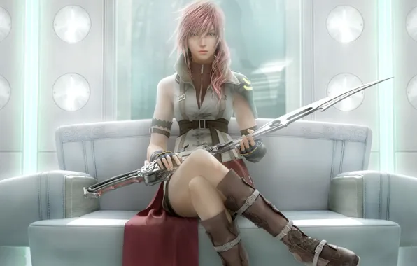 Sword, pink hair, long hair, weapon, woman, lightning, final fantasy, skirt