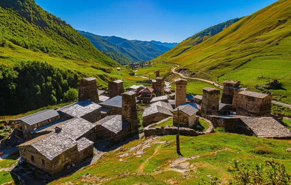Горы, долина, Грузия, Svaneti, Ushguli village
