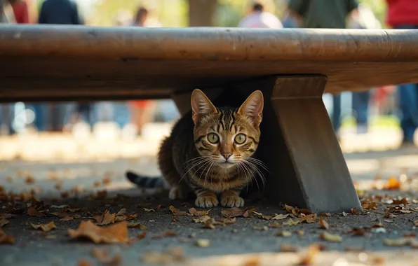 Осень, кошка, взгляд, скамейка, поза, парк, котенок, люди