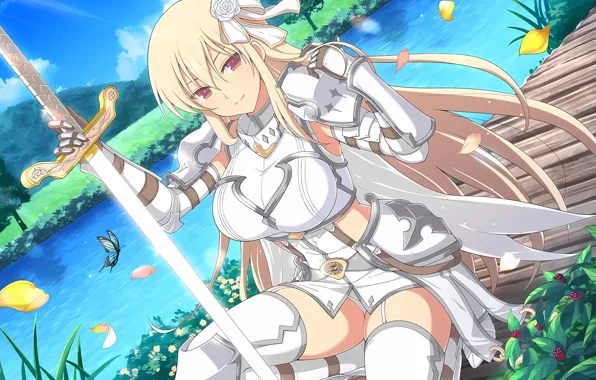 Girl, sword, grass, sexy, thighhighs, river, sky, long hair