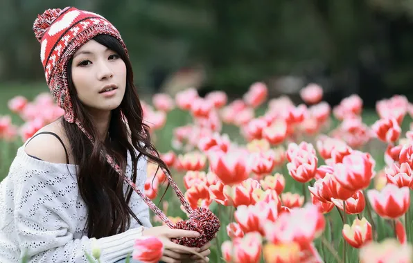 Картинка девушка, цветы, природа, весна, тюльпаны, азиатка
