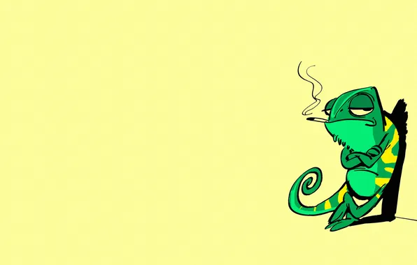 Картинка зеленый, хамелеон, минимализм, ящерица, сигарета, серьезный, chameleon