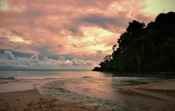Песок, пляж, облака, закат, Карибское море, Тринидад, река Гранд-Ривьер