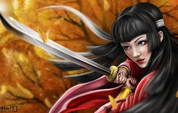 Girls, autumn, painting, samurai