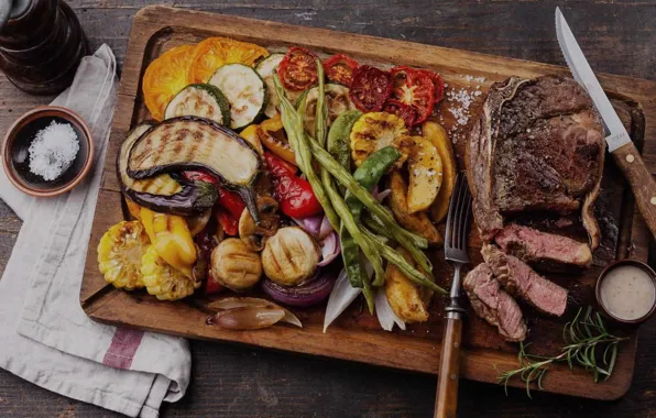 Лук, баклажан, мясо, перец, овощи, гриль