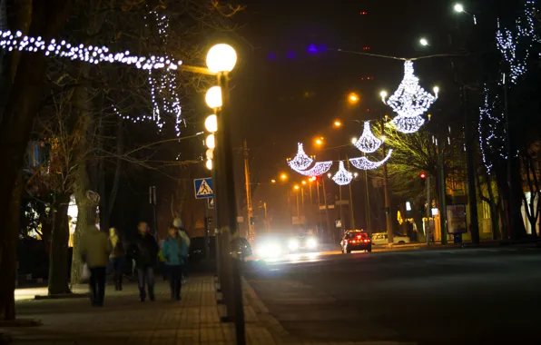 Лампочка, свет, машины, ночь, люди, освещение, тротуар, иллюминация