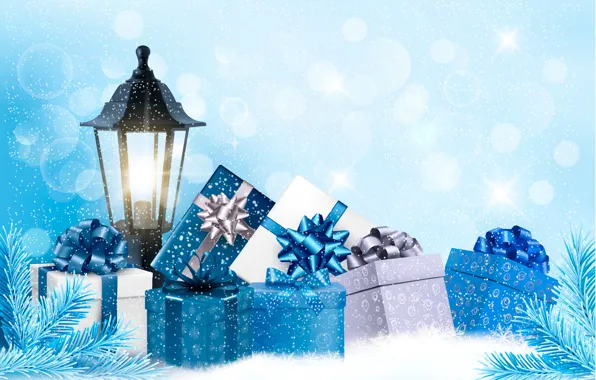 Картинка снег, праздник, новый год, фонарь, подарки
