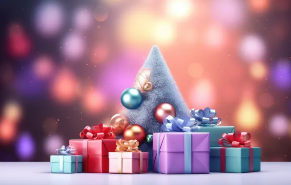 Картинка шарики, огни, игрушки, блеск, Рождество, подарки, Новый год, ёлка