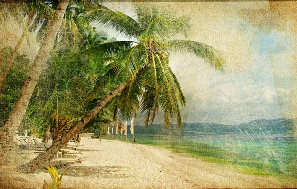 Картинка море, пальмы, люди, побережье, vintage, винтаж, старая фотография