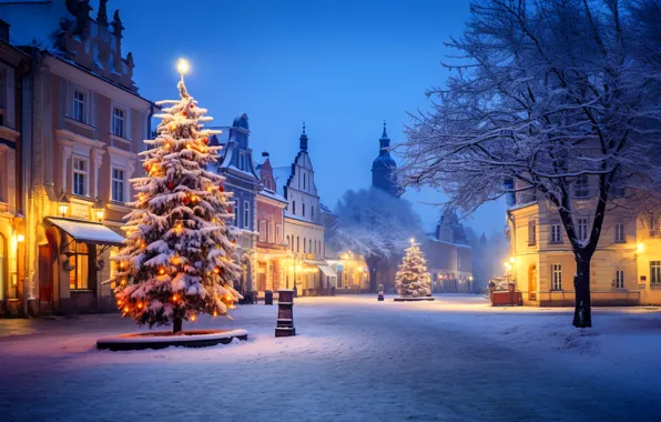Картинка зима, снег, украшения, ночь, город, шары, улица, елка