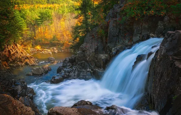 Осень, лес, река, скалы, водопад, Adirondack Park, New York State