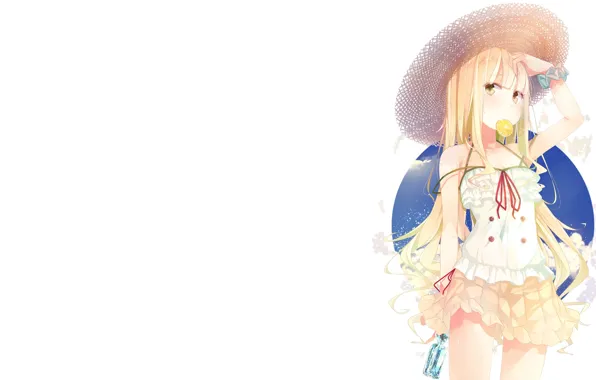 Картинка лето, девушка, солнце, апельсин, минимализм, аниме, платье, браслет