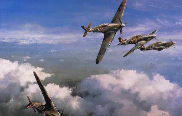 Картинка небо, рисунок, арт, истребители, Hawker Hurricane, WW2, британские, одноместные