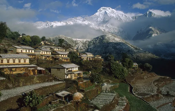 Горы, дома, деревня, Непал, Ghangdrung village