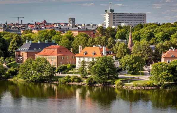 Деревья, река, дома, Стокгольм, Швеция