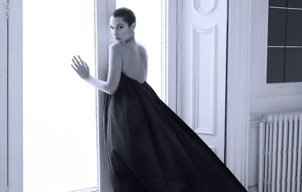 Взгляд, девушка, модель, окно, черно-белое, Bella Hadid
