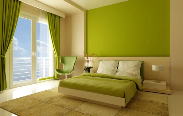 Картинка стиль, комната, интерьер, окно, квартира, кровать, зеленое, кресло
