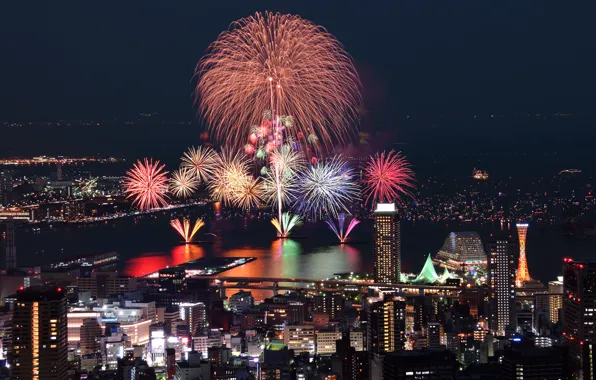 Япония, фейерверки, japan, гавань, fireworks, harbor, Кобе, kobe