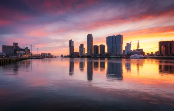 Облака, дома, зарево, Нидерланды, гавань, Роттердам, Kop van Zuid