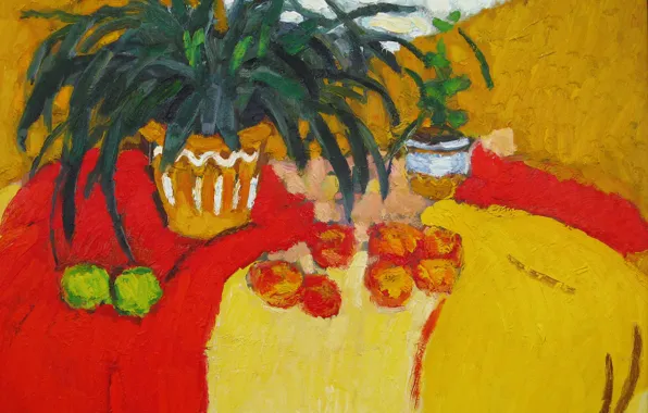 Картинка 2006, горшок, натюрморт, алое, зеленые яблоки, Петяев, красные ябоки