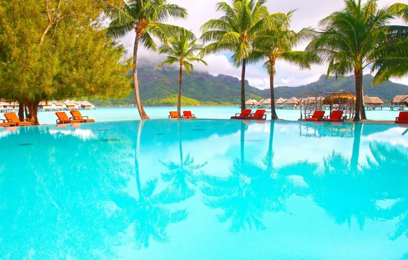 Пальмы, берег, бассейн, отель, лагуна, Bora-Bora, Polynesia