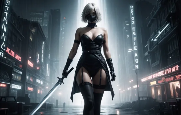 Девушка, город, меч, YoRHa No.2 Type B, изображение сгенерировано ИИ