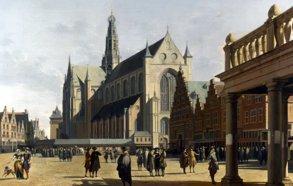 Картинка картина, городской пейзаж, Геррит Адриансзон Беркхейде, Gerrit Adriaenszoon Berckheyde, Рыночная Площадь с Церковью Святого Бавона