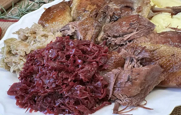 Mashed potatoes, goose confit, beetroot