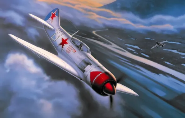Картинка war, art, painting, aviation, ww2, Messerschmitt Me 262, Lavochkin La-7