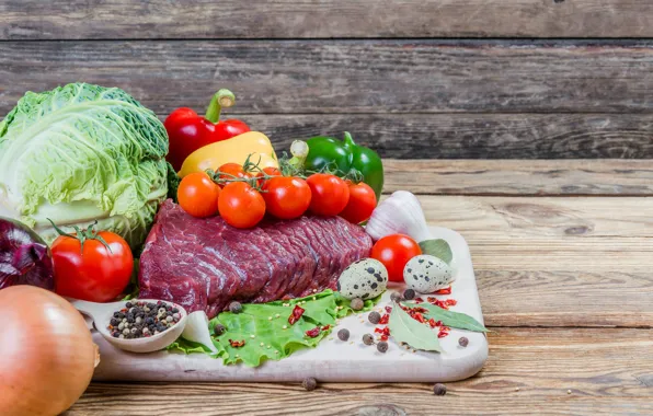 Яйца, лук, мясо, перец, помидоры, капуста, специи, чеснок