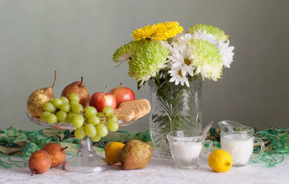 Картинка цветы, лимон, букет, хризантемы, печенье, яблоко, натюрморт, фрукты