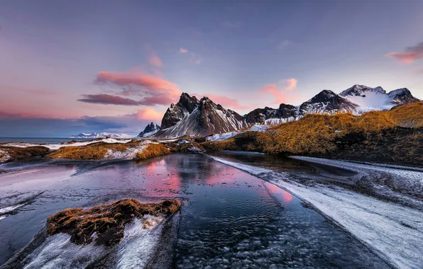 Лед, зима, Гора, Исландия, Winter, Snow, Iceland, Vestrahorn