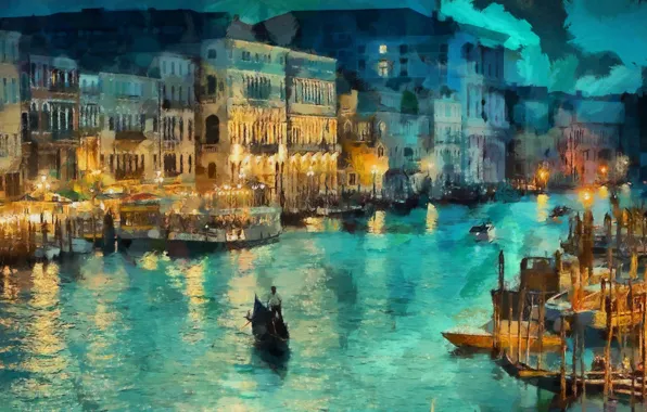 Картинка свет, ночь, огни, дома, лодки, арт, Италия, Венеция