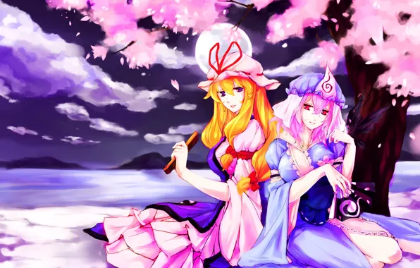 Радость, ночь, девушки, настроение, сакура, веер, touhou, art