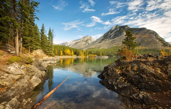 Картинка осень, небо, листья, деревья, горы, Канада, Альберта, озеро Минневанка