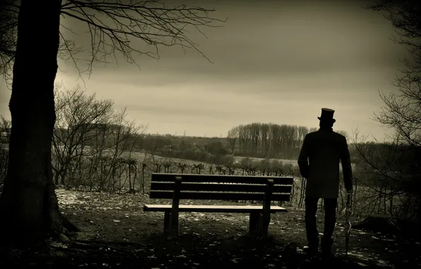 Картинка Winter, Tree, Man, Look, Black &ampamp; White, Far, Bench, Away