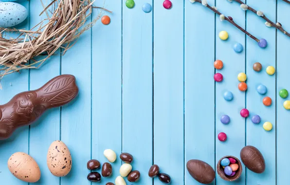 Шоколад, яйца, colorful, кролик, конфеты, Пасха, wood, верба