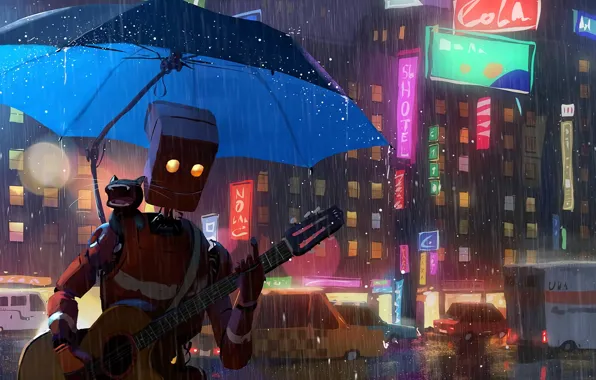 Картинка city, guitar, fantasy, robot, rain, cars, umbrella, cat