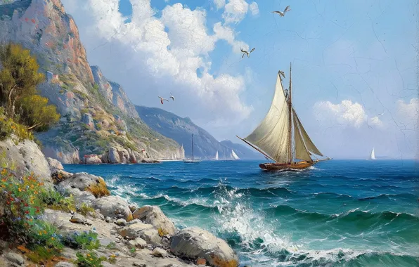 Море, горы, скалы, берег, лодка, парусник, картина, живопись