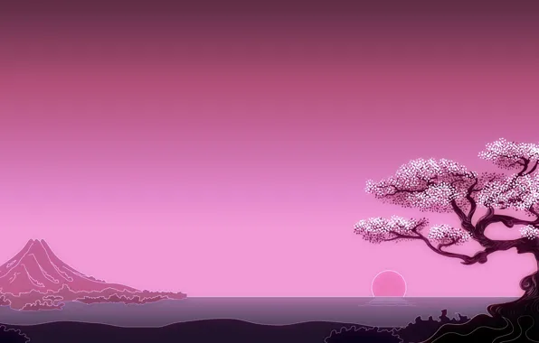 Картинка Japan, sea, minimalism, art, mountain, tree, sun, digital art